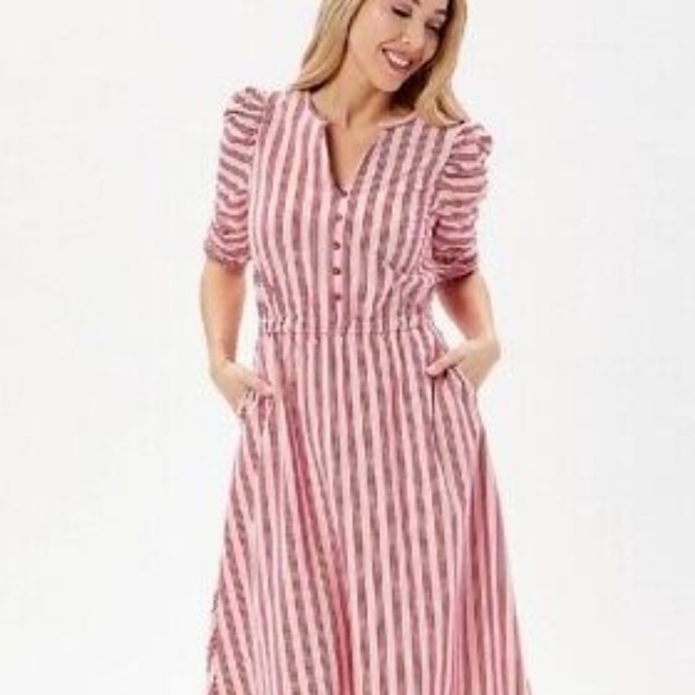 Matilda Jane McIntosh red pink striped knit midi dress rouched sleeves sz XS